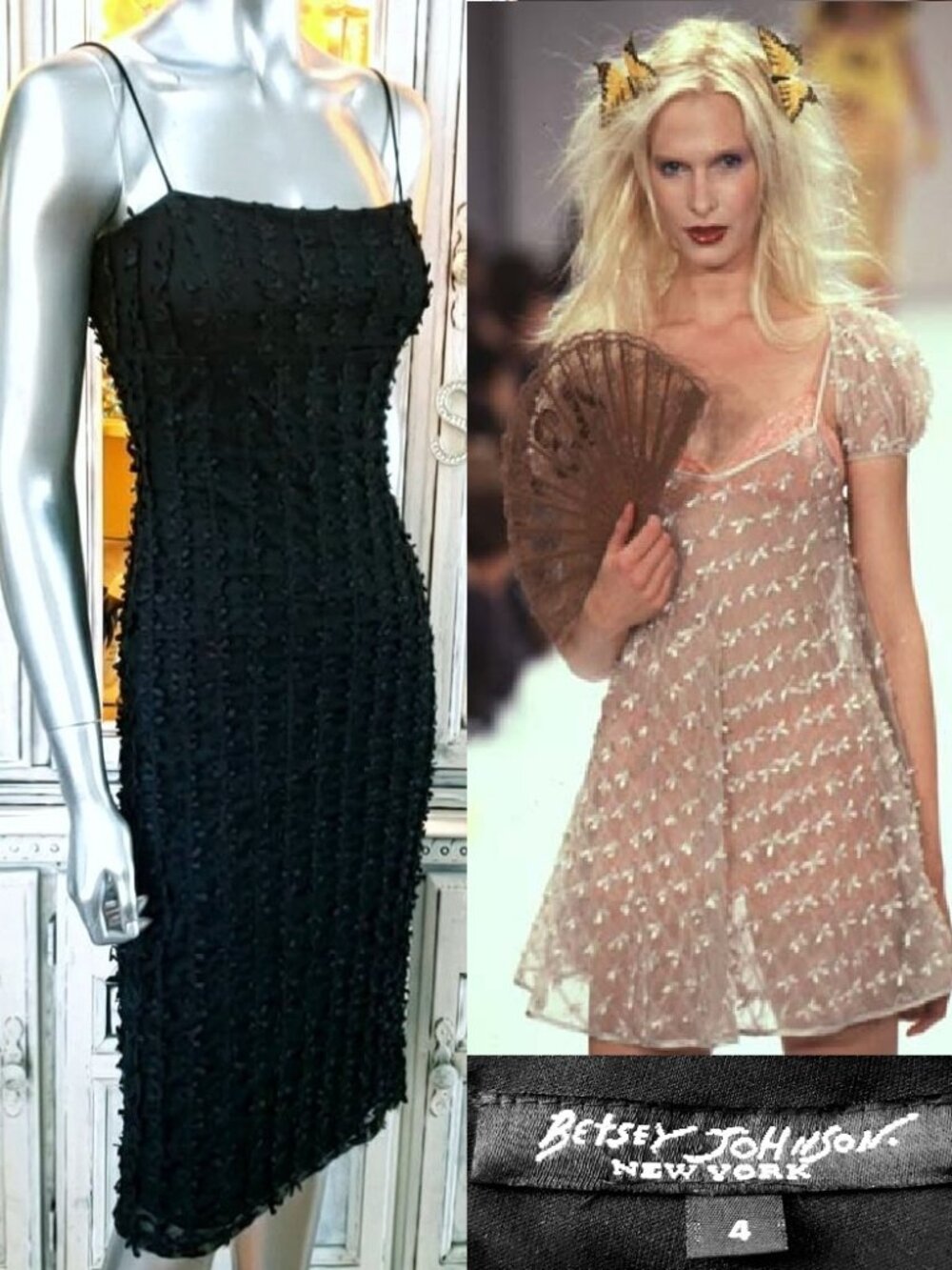 Vintage Betsey Johnson Slip Dress New York 90s Black Mesh Tiny Bows 1997 Pinup